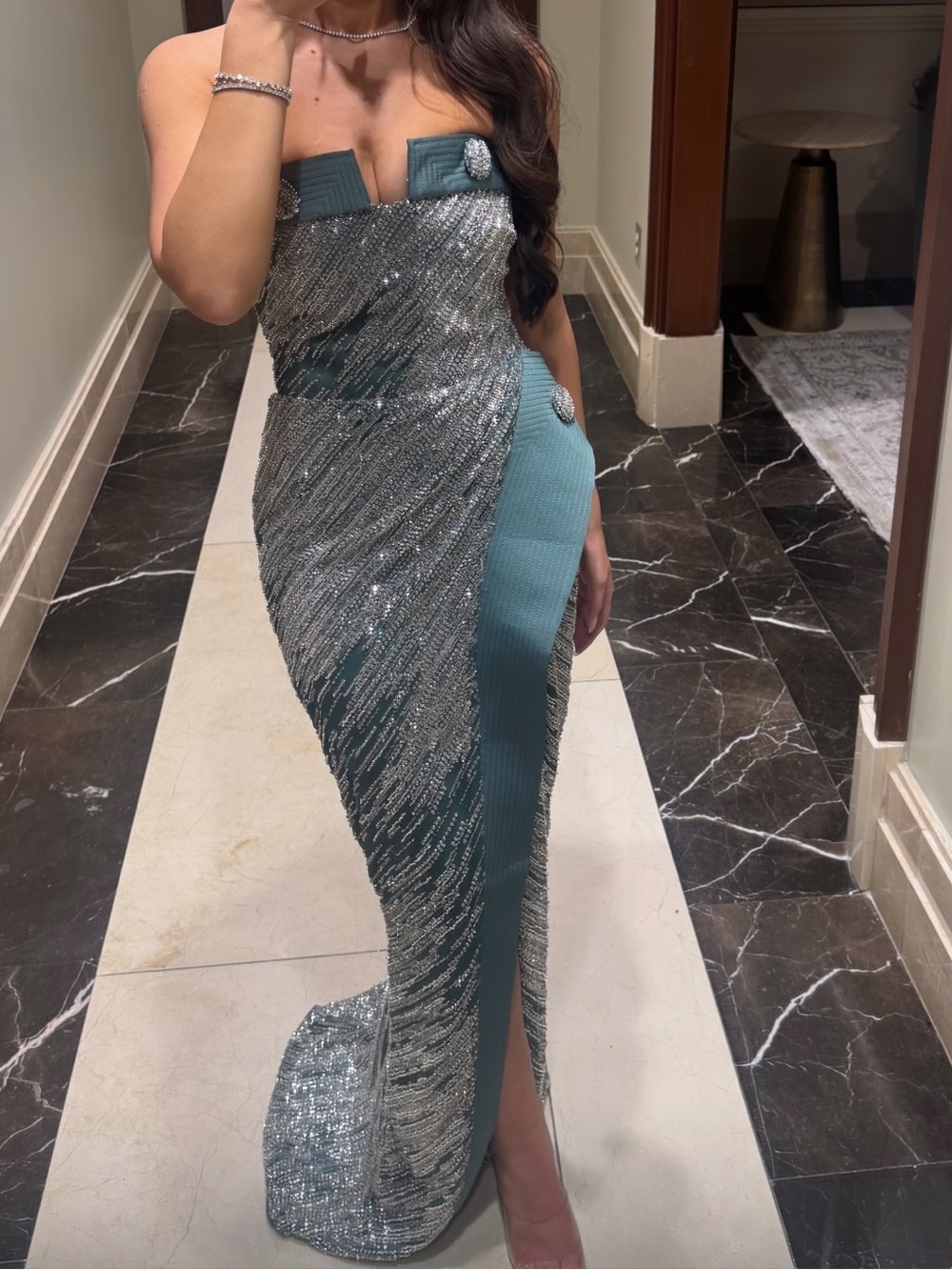 ALFABETA: Strapless Teal Sequin & Beaded Evening Gown